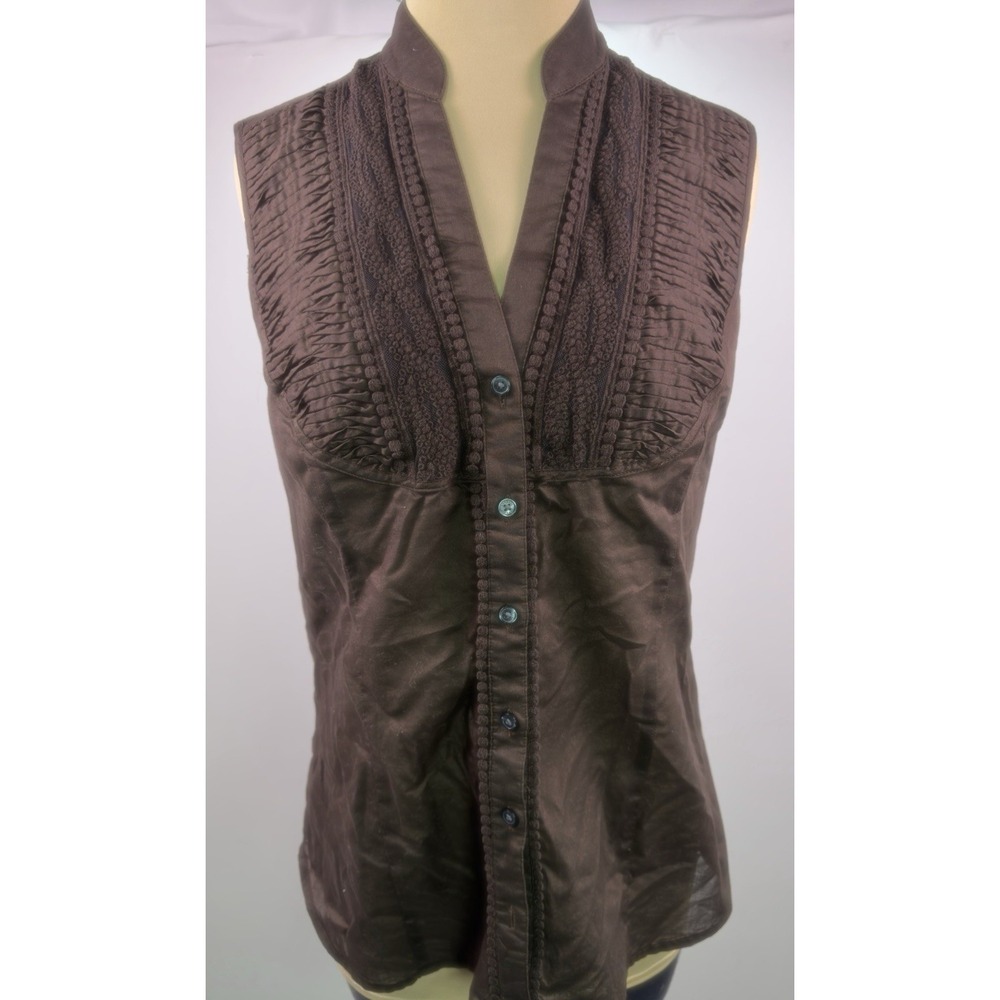 Express Design Studio Women's Sleeveless Brown Button Down Shirt Y2K Embroidery